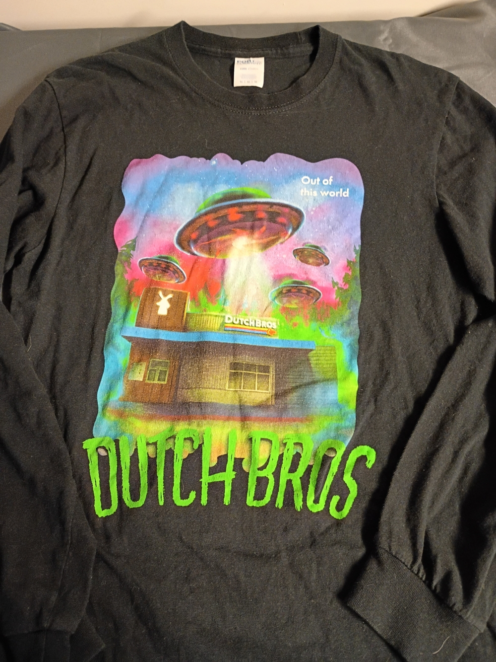 Dutch Bros Black Long-Sleeve Tee with Neon UFO Graphic